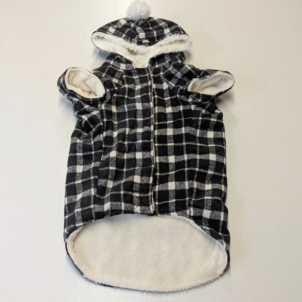 Flannel Hooded Dog Shirt Size Large Black and White Plaid With Fuzzy Inside